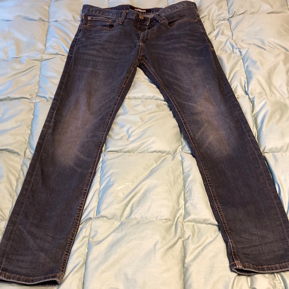 (3 for $25) Express Slim 30 x 30 Jeans, dark blue with styled wear markings